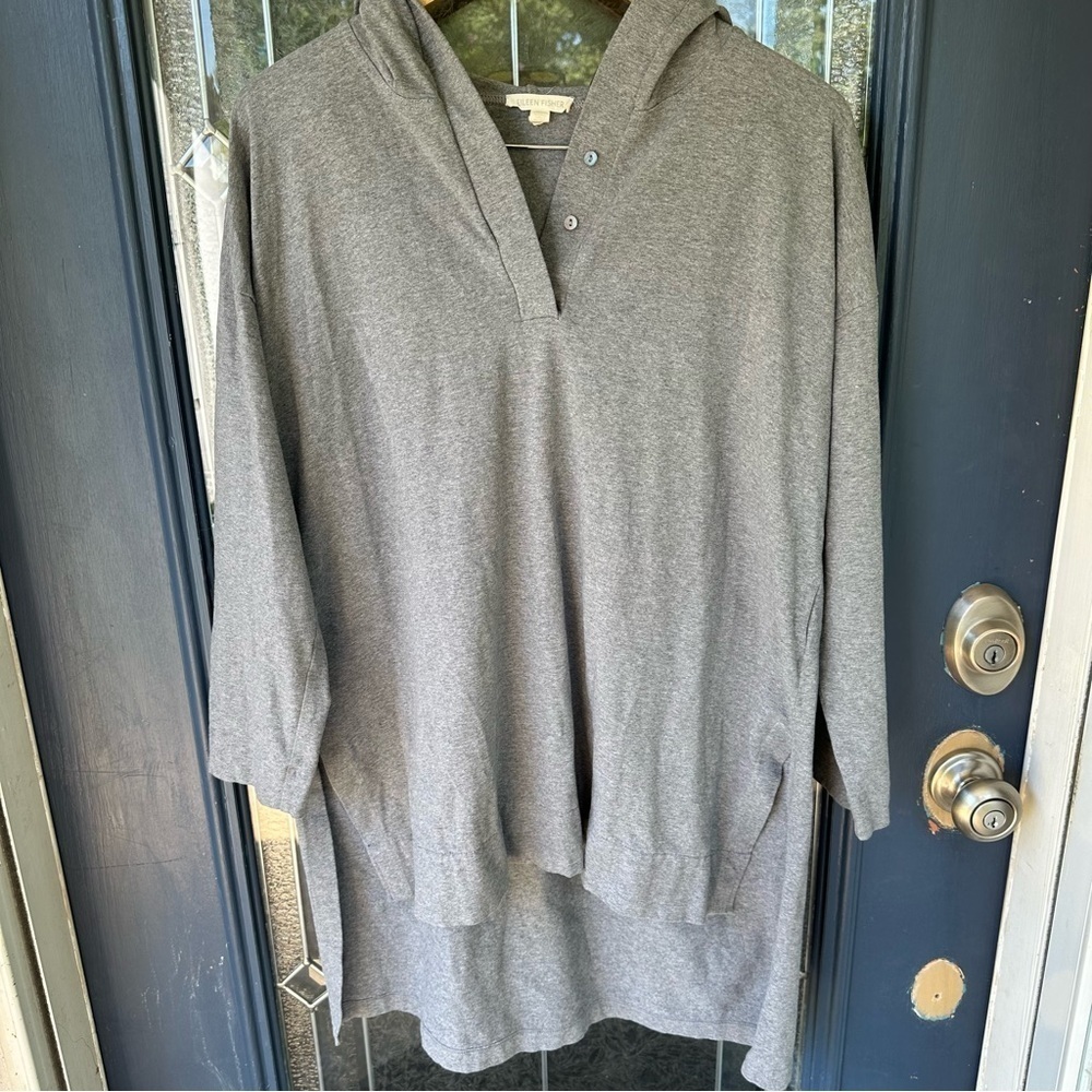 Eileen fisher large gray 1/4 button hooded split seam high low tunic cotton - Picture 3 of 8